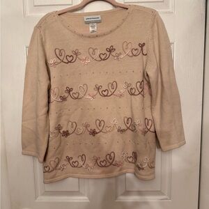 Alfred Dunner Cream and Pink Crew Neck Sweater with Embellished Design